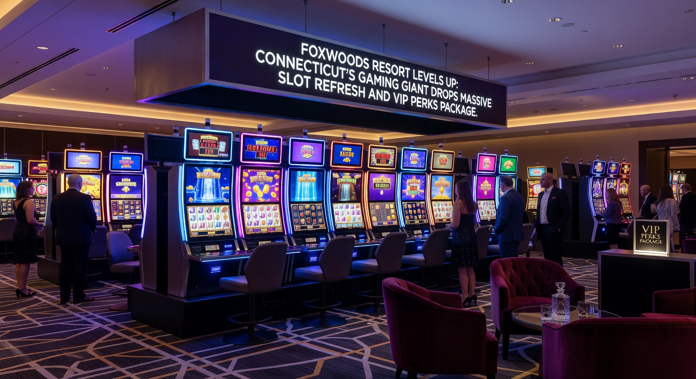Vibrant Foxwoods Resort casino floor showcasing rows of gleaming new slot machines under dynamic lighting, highlighting the fresh refresh initiative