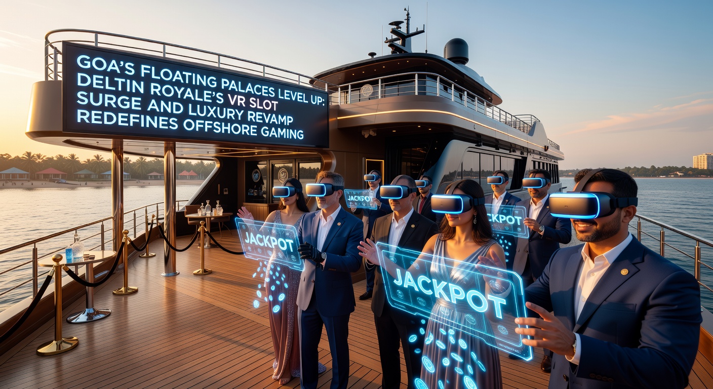Deltin Royale floating casino on Goa's Mandovi River at dusk, showcasing its multi-deck luxury with glowing lights reflecting on the water