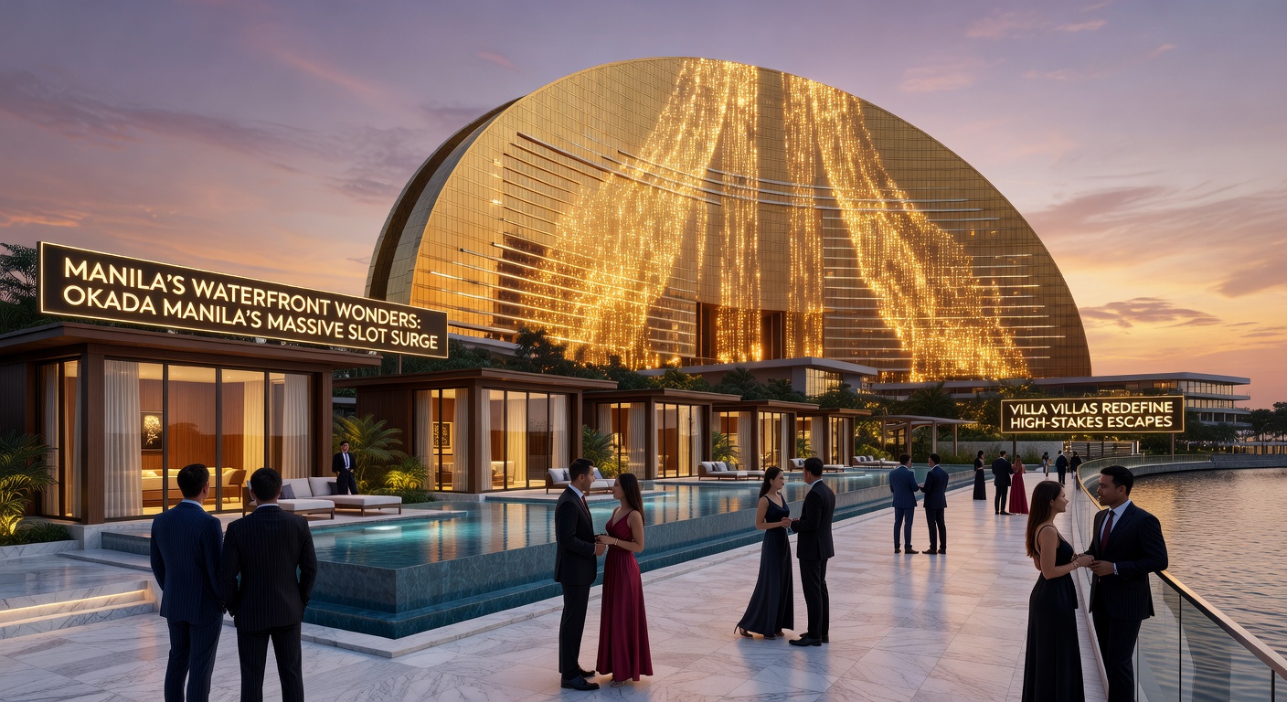 Aerial view of Okada Manila's glittering waterfront facade at dusk, showcasing the expansive casino tower and bayfront lights reflecting on Manila Bay