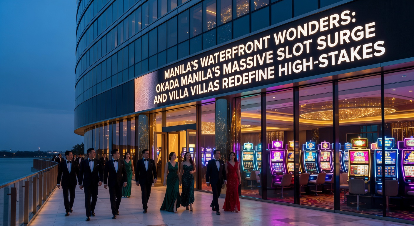 Interior shot of a luxurious Villa Villa at Okada Manila, featuring a private gaming salon with sleek slot machines, plush seating, and panoramic bay views through floor-to-ceiling windows