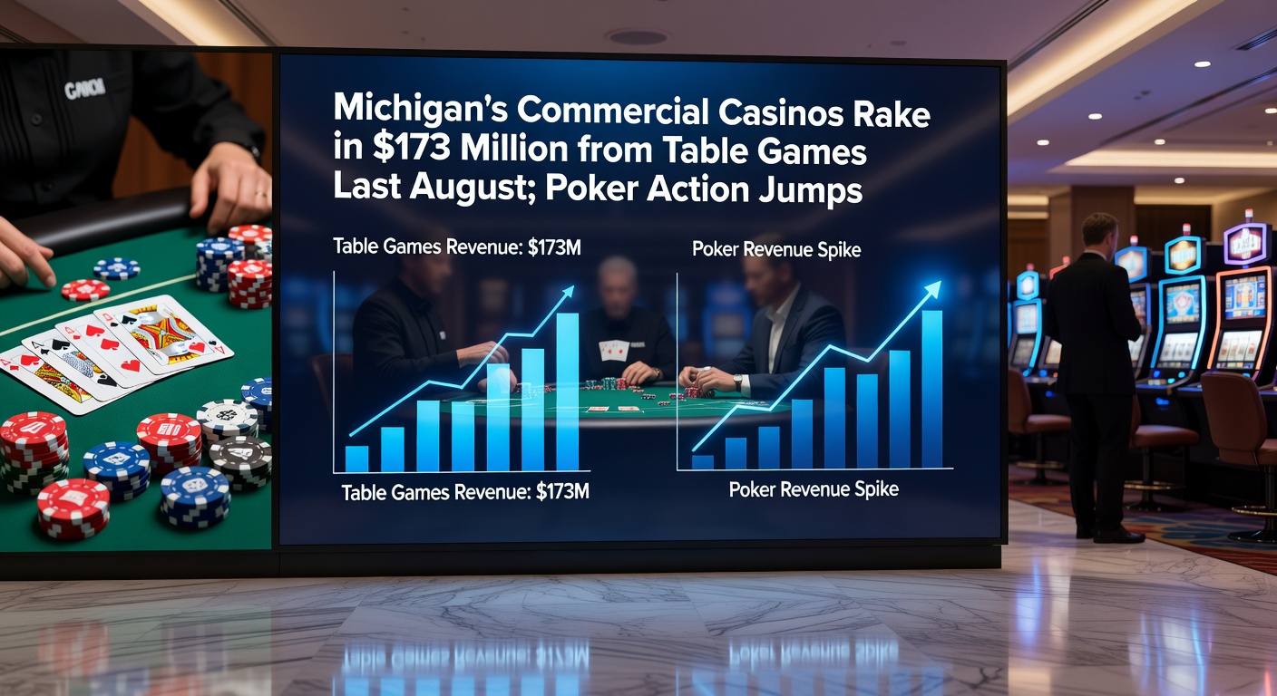 Close-up of lively poker table in a Detroit casino with players focused amid stacks of chips and cards