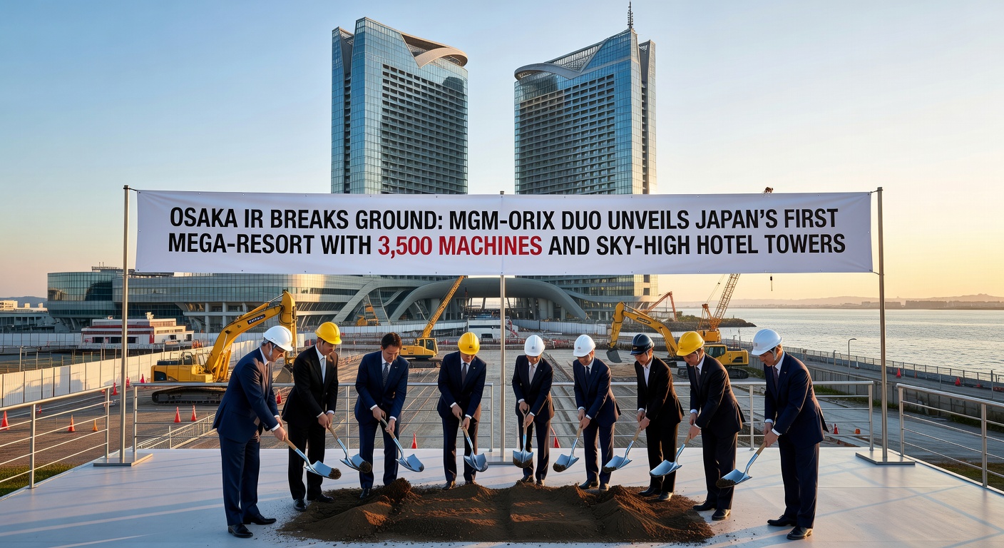 Ceremonial groundbreaking at the Osaka IR site, with MGM and Orix executives wielding shovels amid construction banners and dignitaries