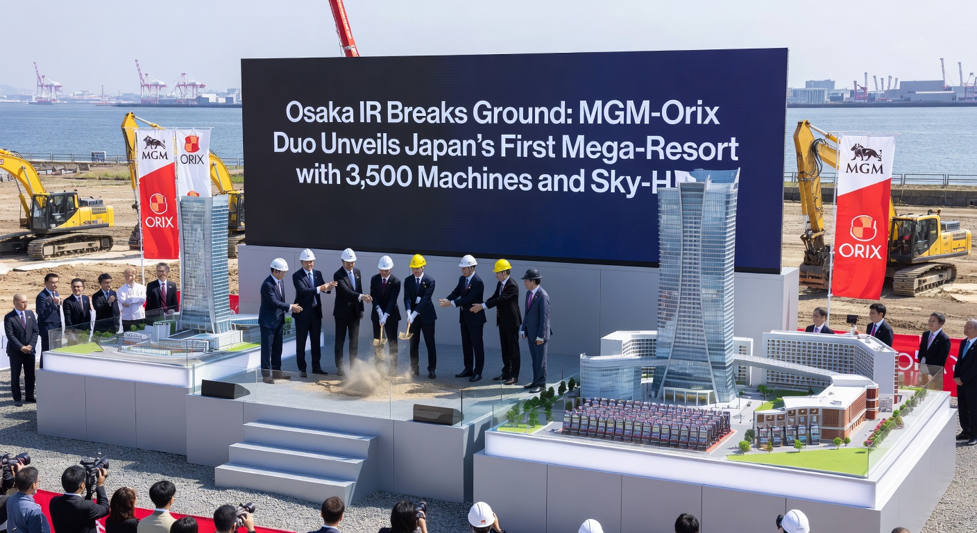 Artist's rendering of the Osaka IR complex, showcasing towering hotels, expansive casino floor, and waterfront entertainment zones under a vibrant sunset