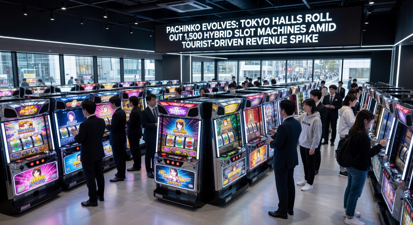 Vibrant Tokyo pachinko hall showcasing rows of gleaming hybrid slot machines, lights flashing amid crowds of international visitors