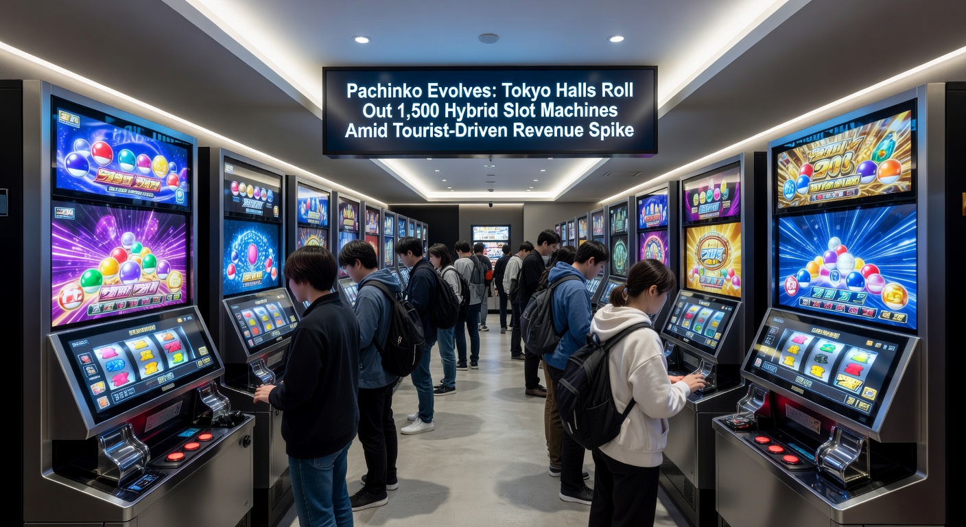 Close-up of a hybrid pachinko-slot machine interface, showing cascading symbols and jackpot meters amid a bustling Tokyo parlor