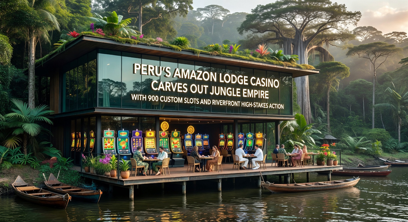 Aerial view of Amazon Lodge Casino nestled amid lush Peruvian rainforest along a winding river, showcasing its expansive slot floors and riverside pavilions glowing at dusk