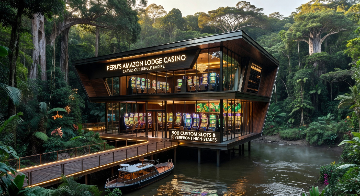 Vibrant interior of Amazon Lodge Casino's riverfront gaming pavilion, with high-stakes poker tables under thatched roofs, slot banks glowing amid tropical plants, and guests in adventure gear celebrating wins