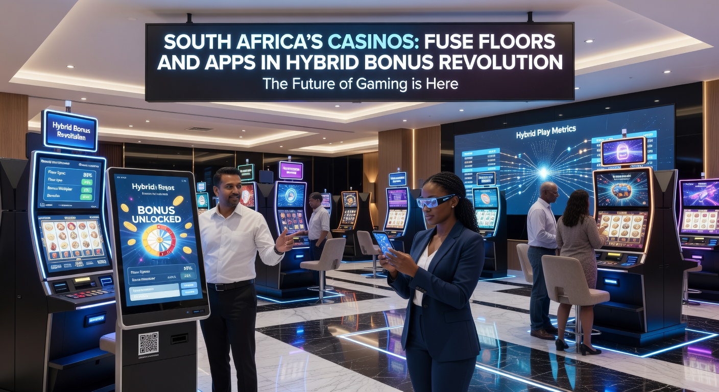 Vibrant casino floor in South Africa with digital screens displaying hybrid app bonuses, players engaging with slots and mobile devices side by side