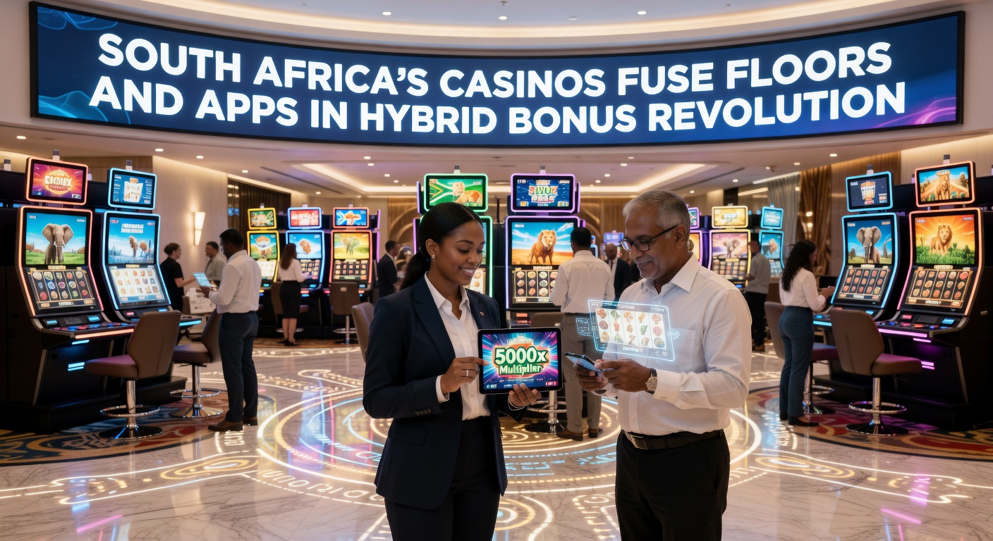 Mobile app interface on smartphone showing hybrid casino bonuses synced with physical slot machines in a South African venue, highlighting seamless rewards transfer