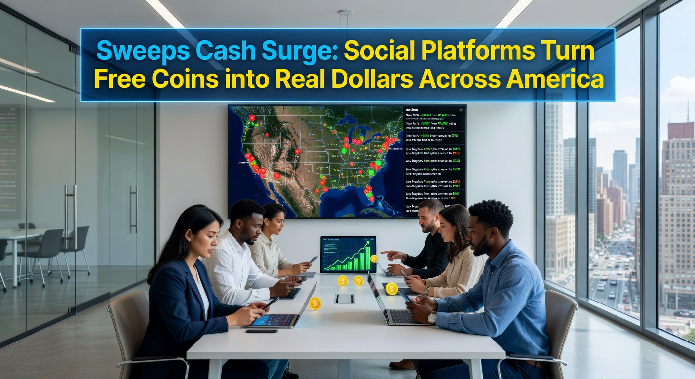 Vibrant social casino interface showing sweeps coins converting to cash prizes on a mobile device