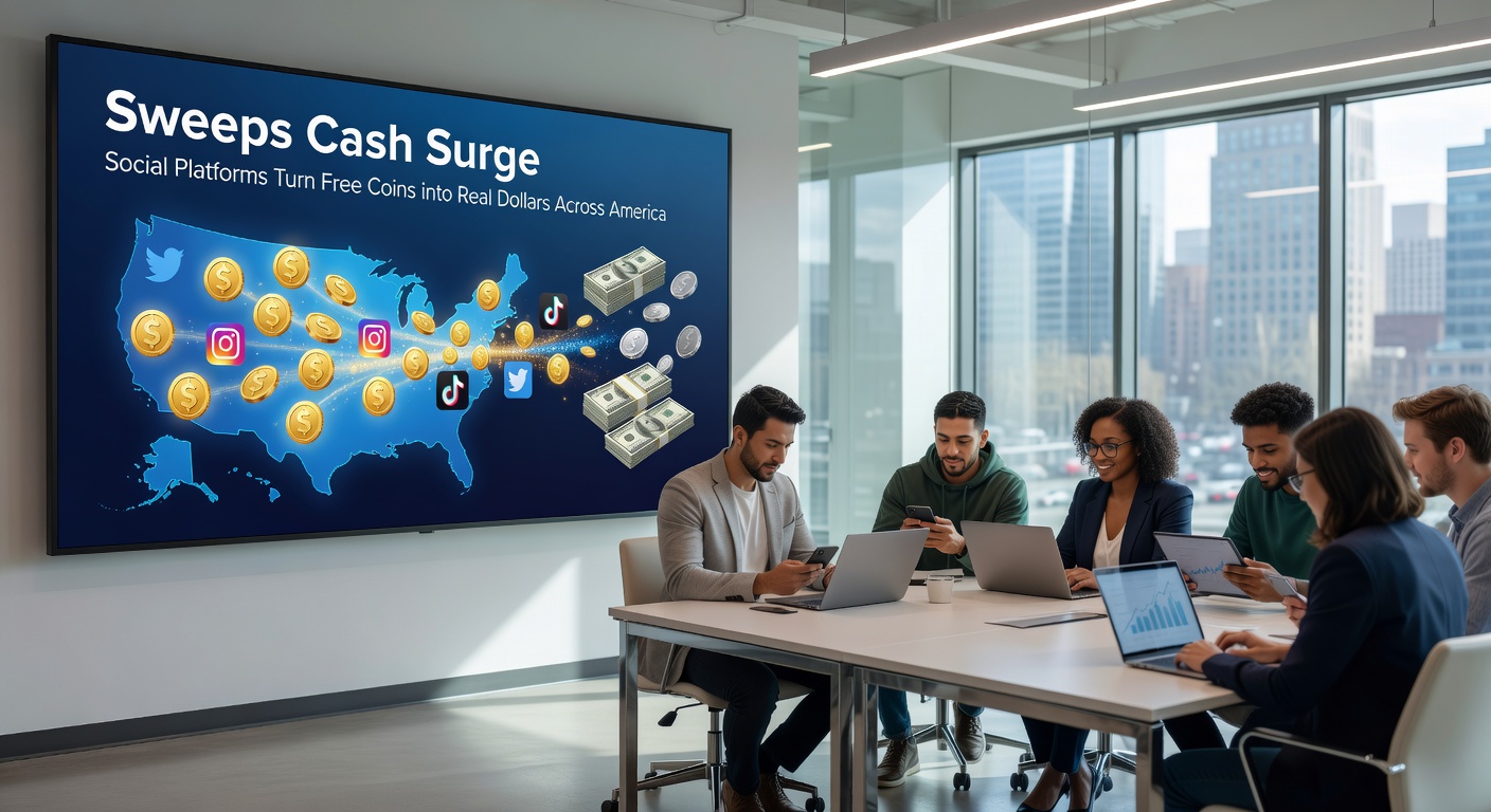 Excited player redeeming sweeps cash prize on a laptop, with app dashboard displaying coin balances and payout options