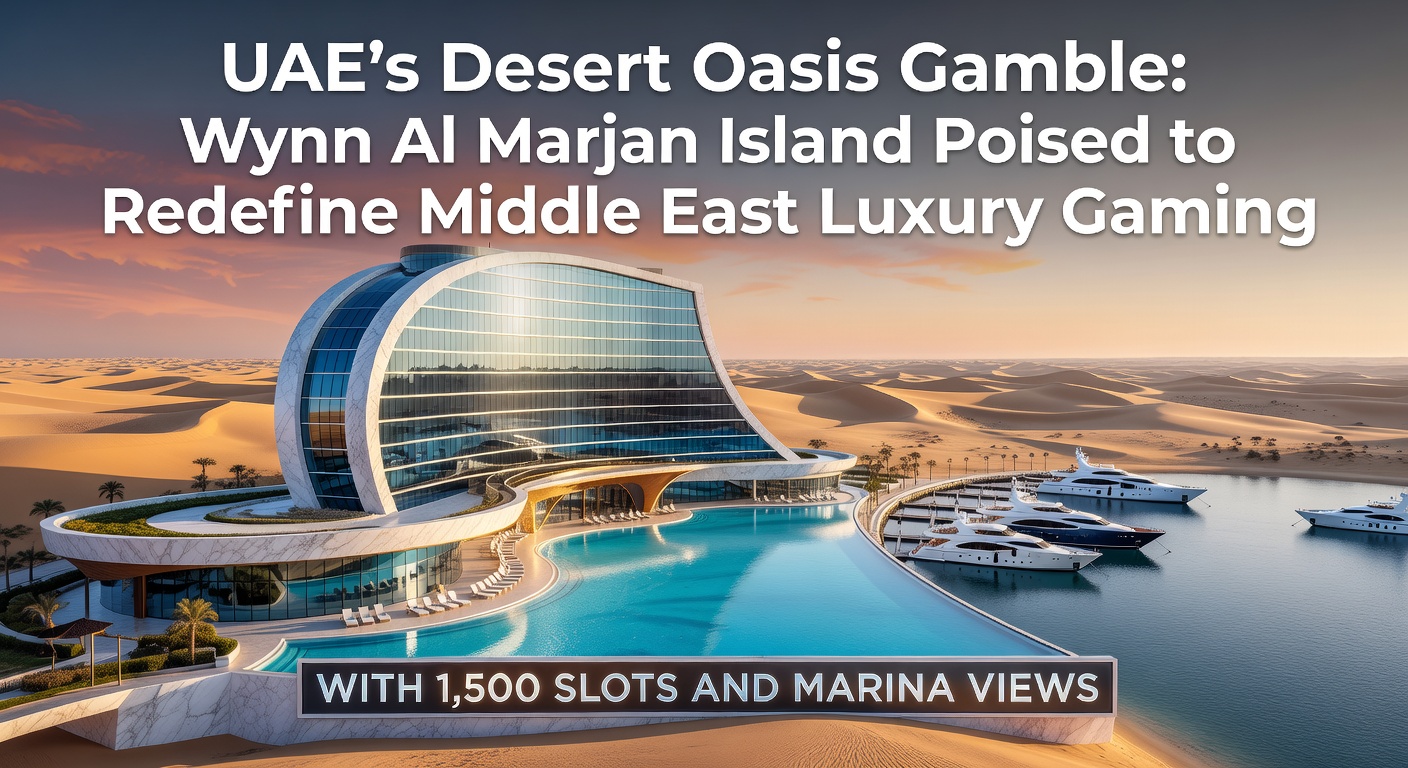 Aerial view of Al Marjan Island in Ras Al Khaimah, UAE, showcasing the man-made island's crescent shape with turquoise waters, luxury resorts, and potential site for Wynn's gaming development