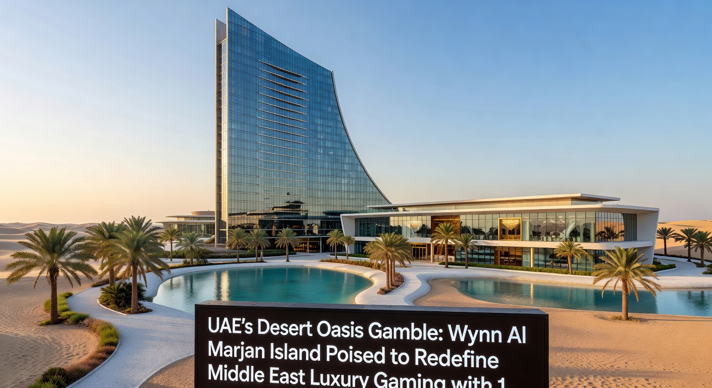 Rendering of Wynn Al Marjan Island resort, featuring sleek towers, expansive casino floor with slot machines, luxury marina with yachts, and beachfront infinity pools under a sunset sky