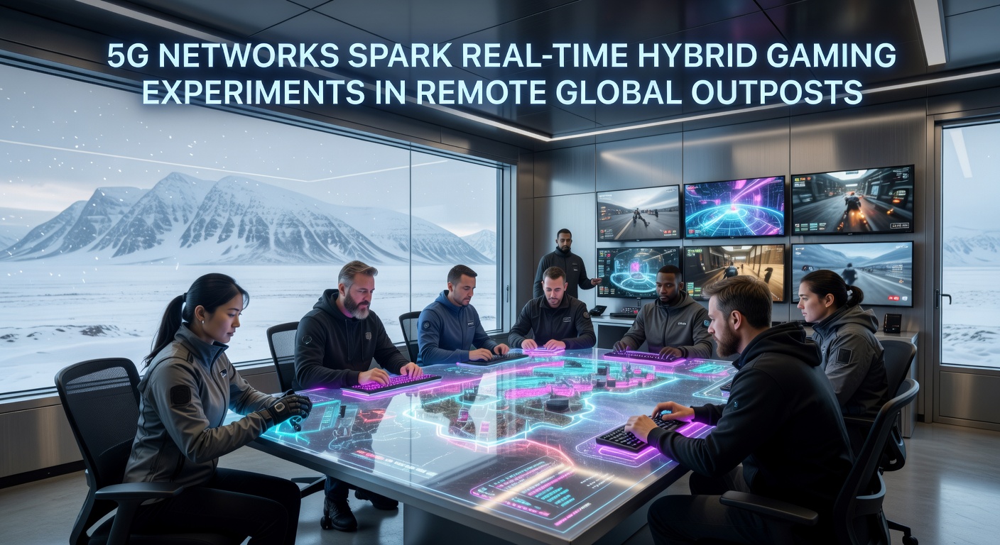 Researchers testing 5G-enabled hybrid gaming setups at a remote Antarctic research station with portable consoles and satellite backhaul