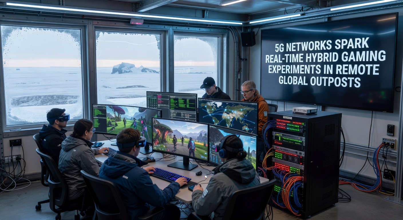 Technicians installing 5G small cells and edge servers at a remote Pacific research outpost for hybrid gaming trials