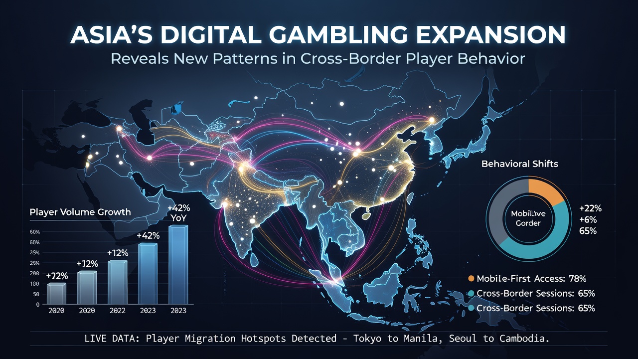 Digital gambling platforms across Asia showing increased cross-border user activity and mobile app interfaces