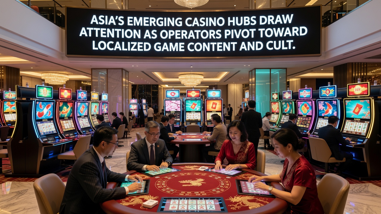 Close-up of culturally adapted slot machines featuring traditional Asian motifs and localized symbols in a casino setting