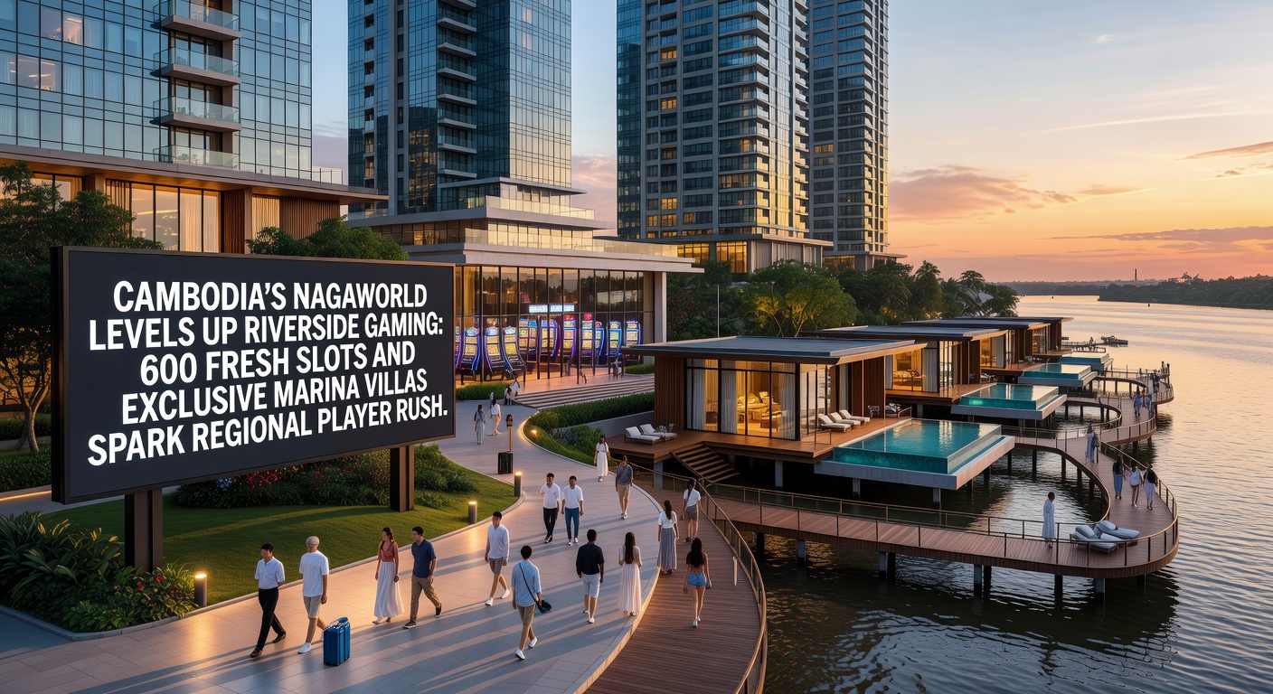 Aerial view of NagaWorld's riverside complex in Phnom Penh, showcasing glittering lights, slot floors, and marina docks under night sky