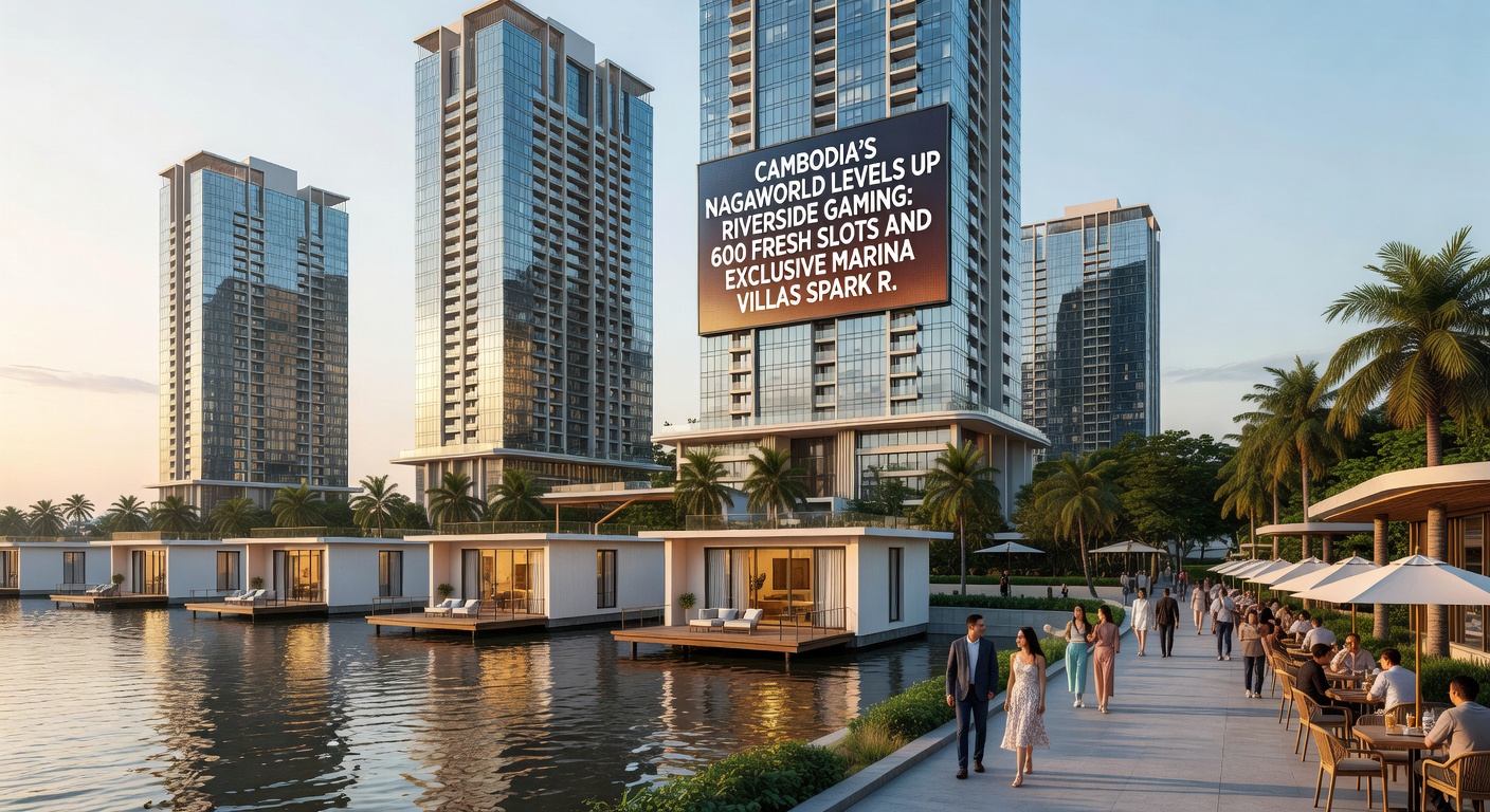 Interior shot of NagaWorld's vibrant new slot hall, players engaged at colorful machines with marina villas visible through floor-to-ceiling windows