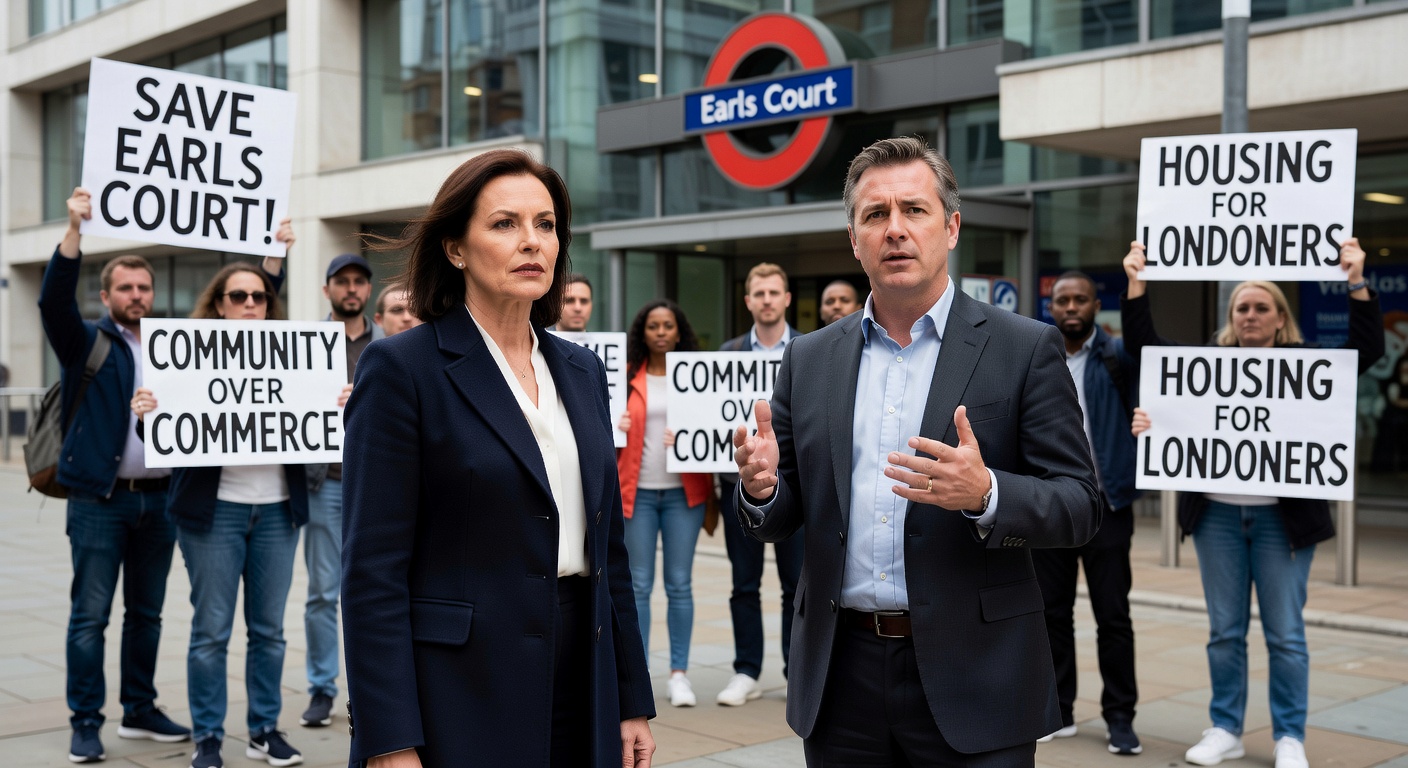 Close-up of the protest action with signs and demonstrators at Earls Court Road against the arcade expansion