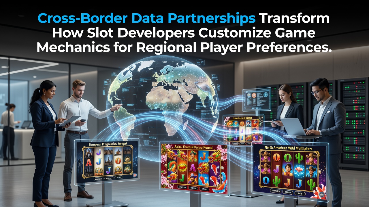 Slot game development team analyzing cross-border player data on multiple screens