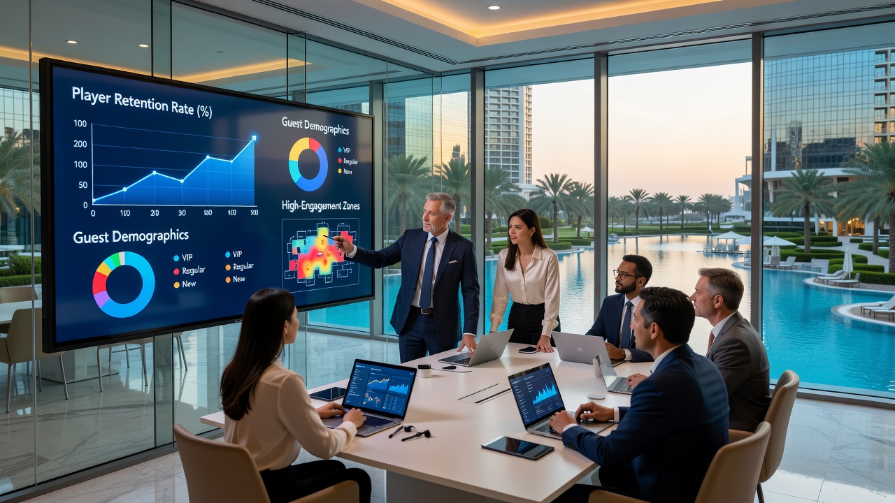 Data dashboards displaying player metrics and retention analytics at international casino resorts