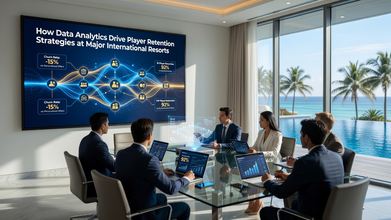 Casino floor analytics team reviewing retention campaign results on multiple screens