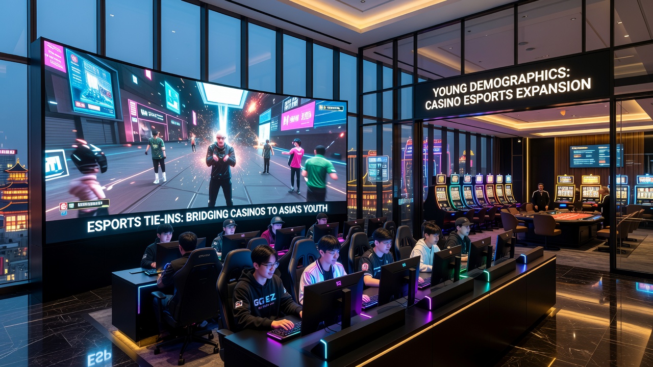 Esports arena integrated with casino branding in an Asian venue showing young attendees at gaming stations and promotional displays