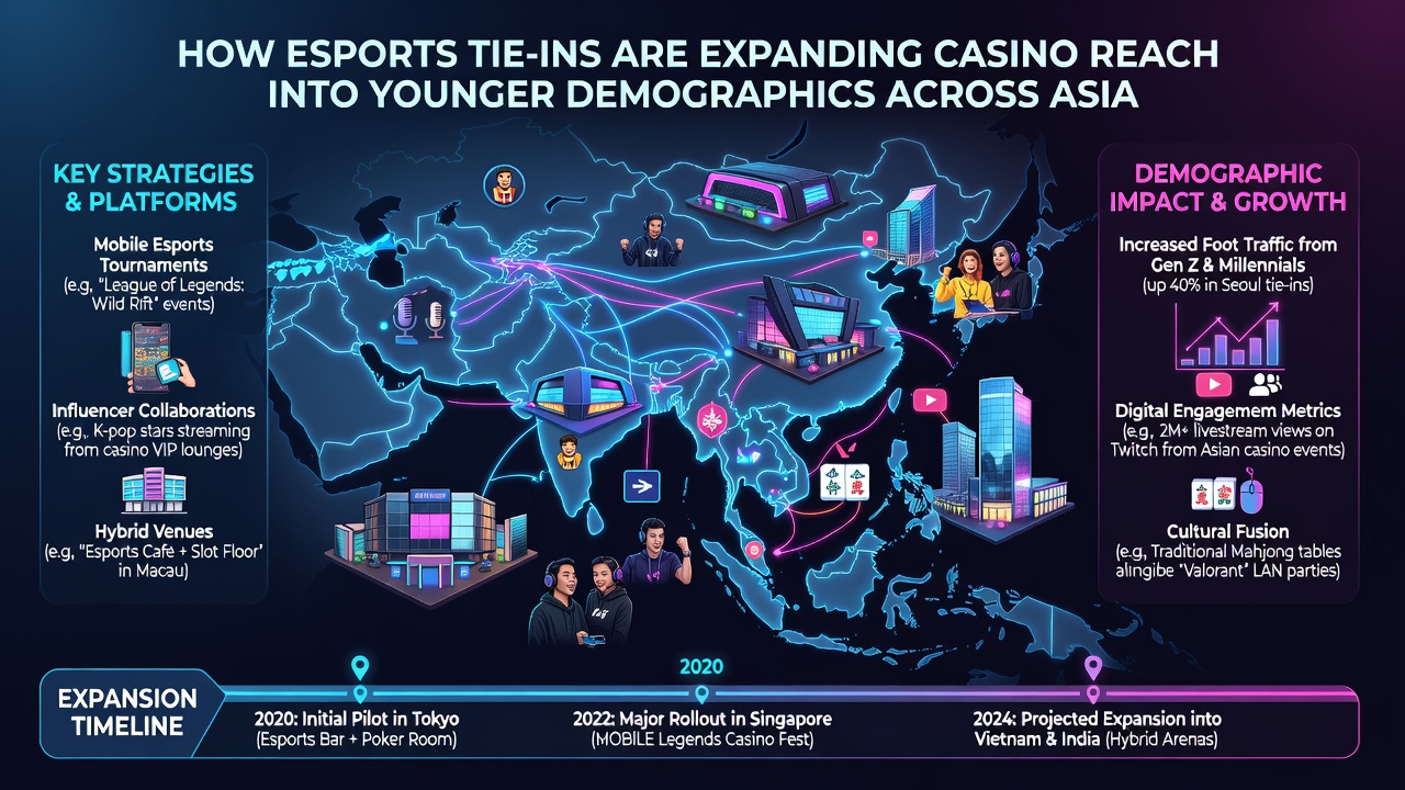 Young Asian adults interacting with esports tournament screens inside a modern casino lounge with digital betting interfaces visible
