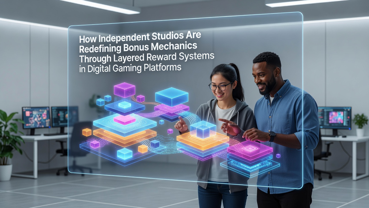 Independent game studio team collaborating on layered bonus mechanics for digital platforms