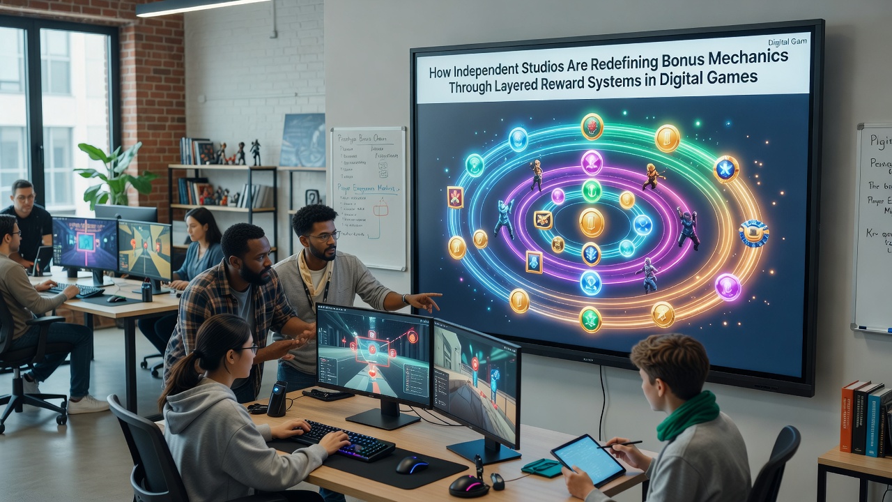Digital interface showing layered reward progression in an independent studio game