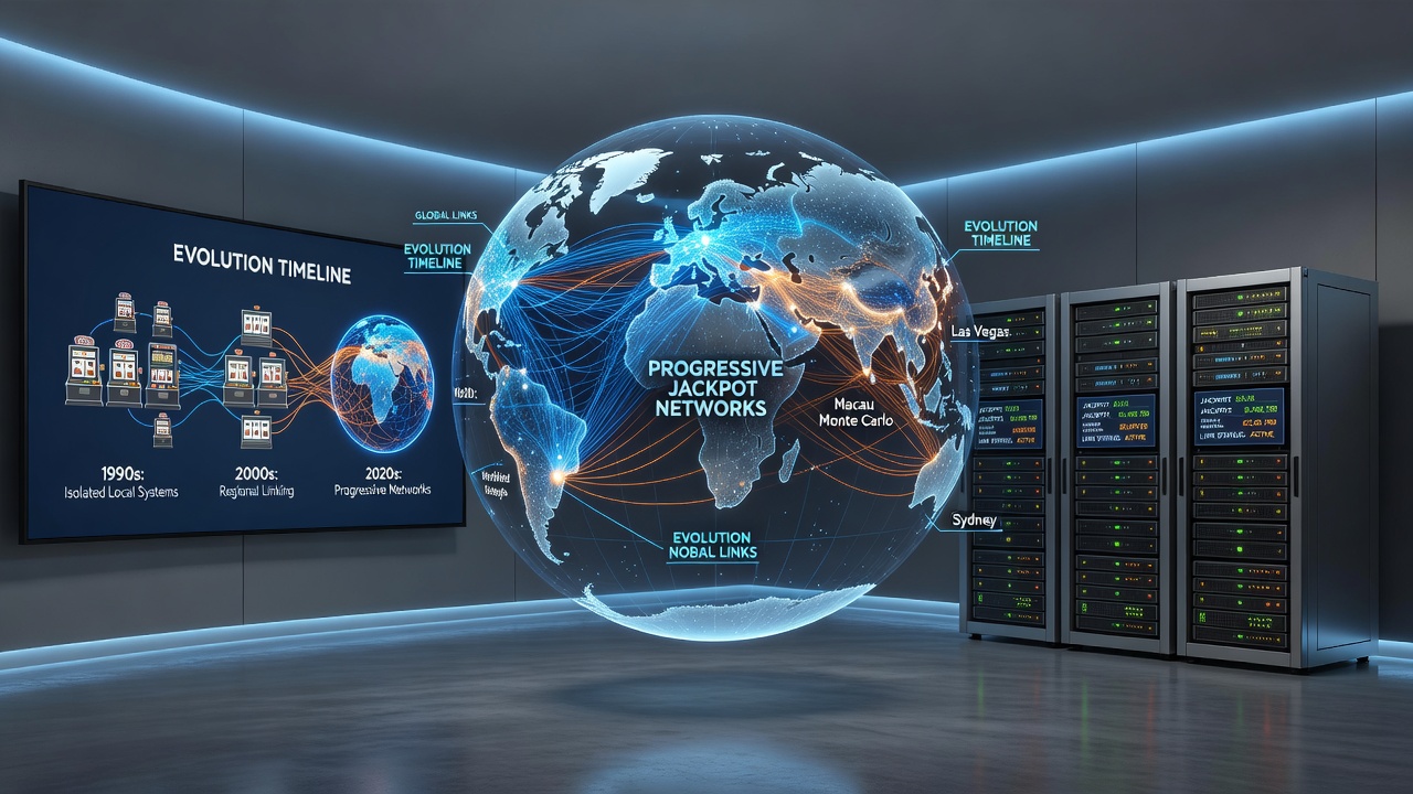 Illustration of interconnected casino networks showing progressive jackpot systems linking venues worldwide