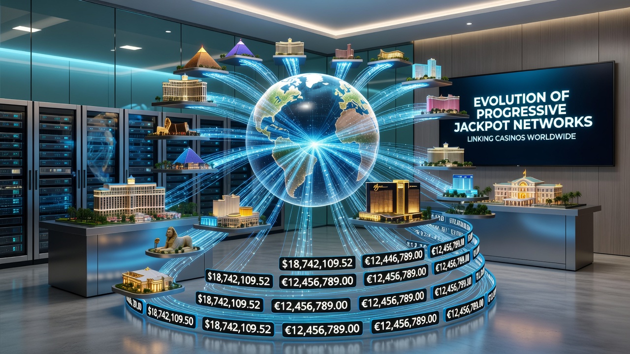 Modern casino floor with digital displays showing linked progressive jackpot values across multiple machines
