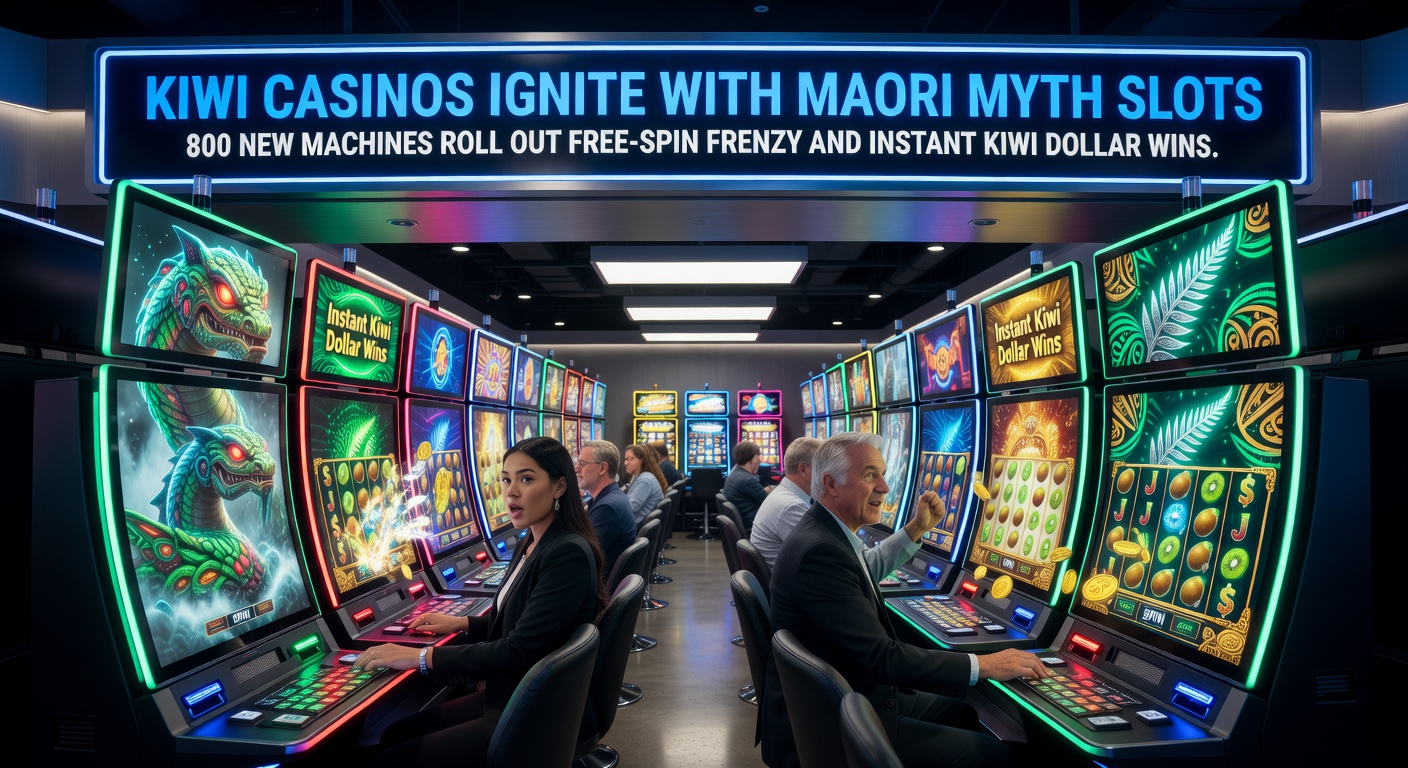 Vibrant slot machine display featuring Maori mythological figures like Tane Mahuta amid glowing free-spin reels and cascading kiwi dollar wins in a bustling New Zealand casino floor