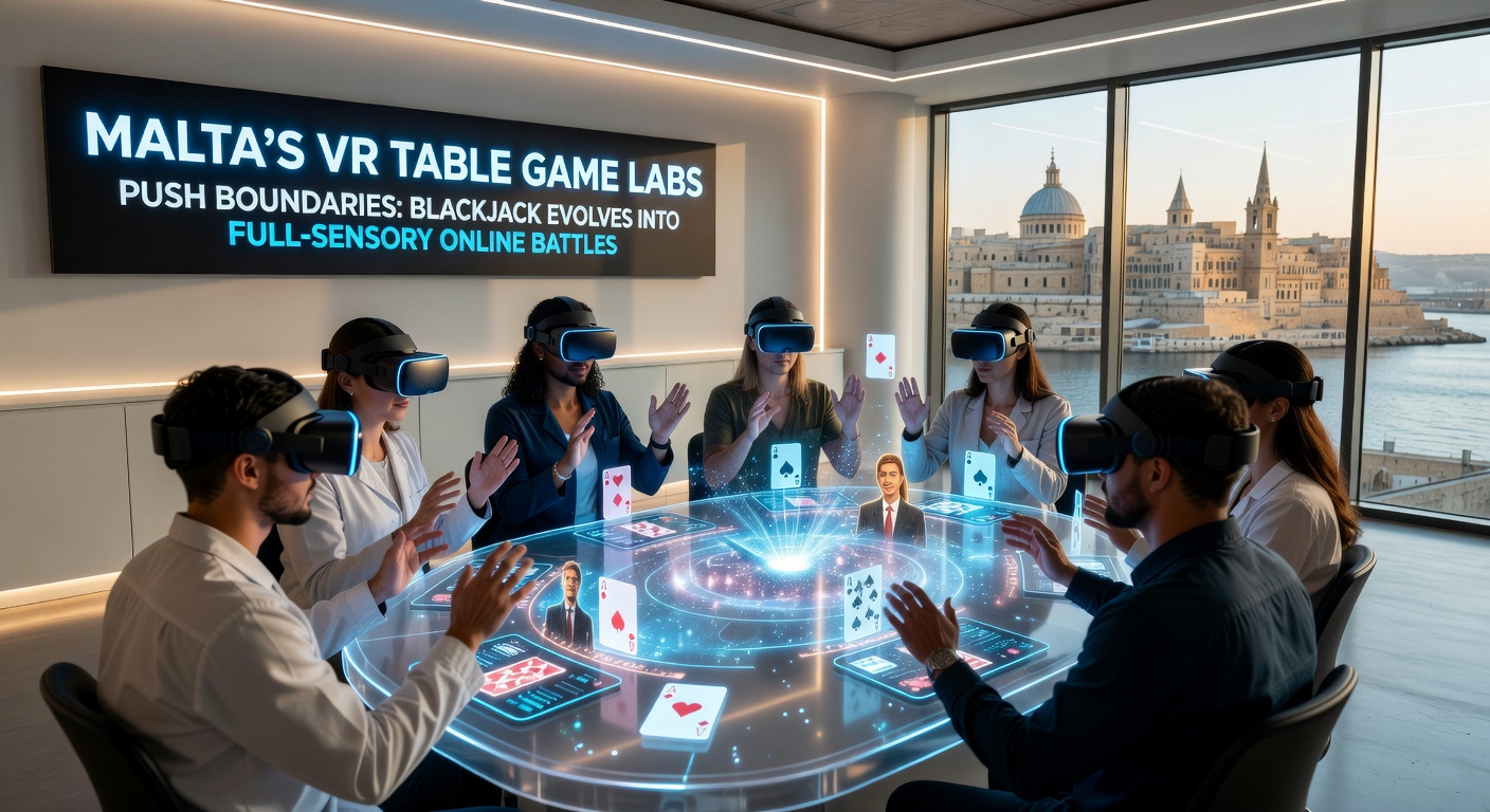 Developers in a Malta VR lab testing immersive Blackjack interfaces with haptic feedback gloves and spatial audio setups
