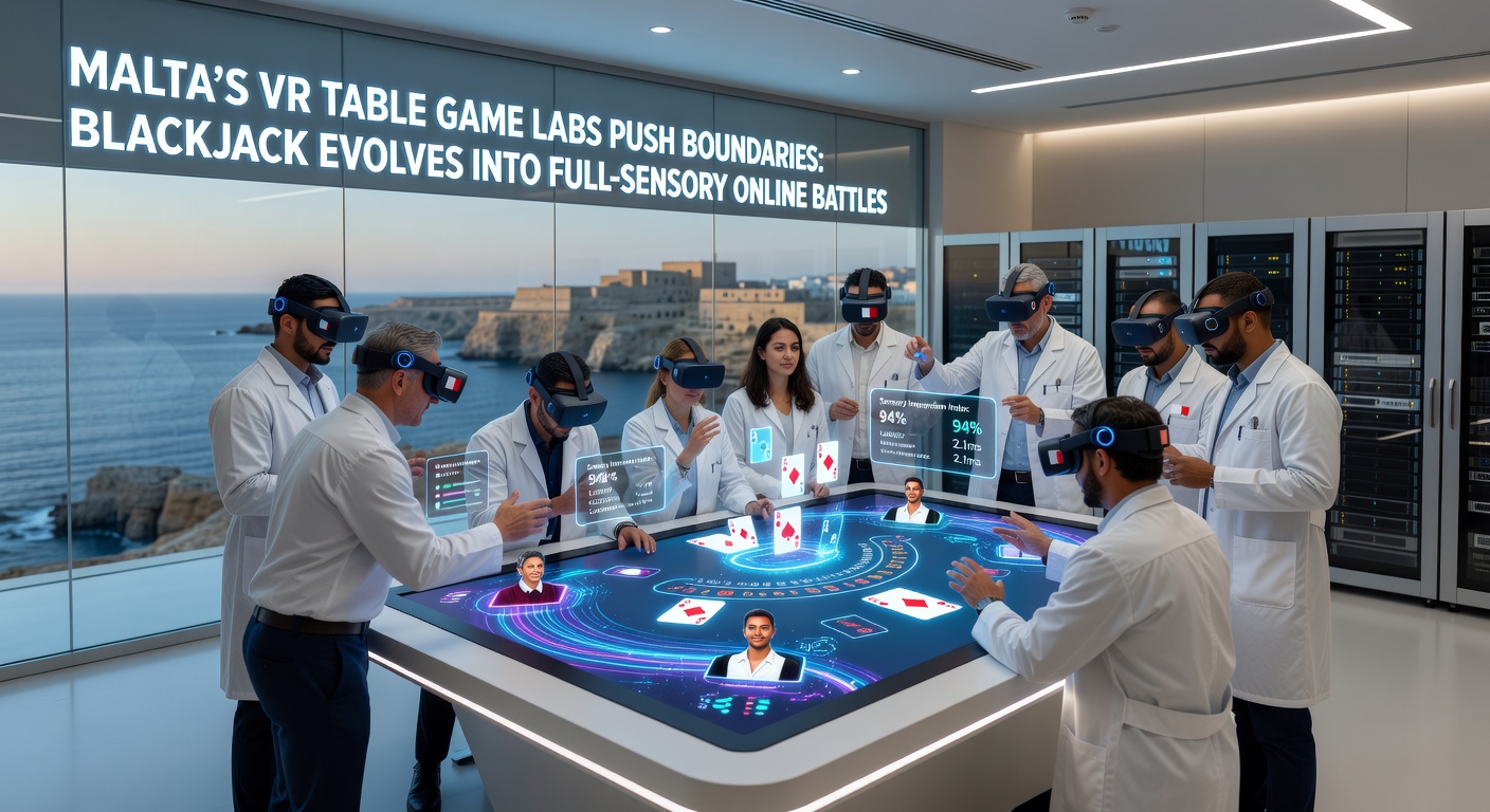 A player immersed in a full-sensory VR Blackjack session, surrounded by haptic devices and scent emitters in a simulated casino environment