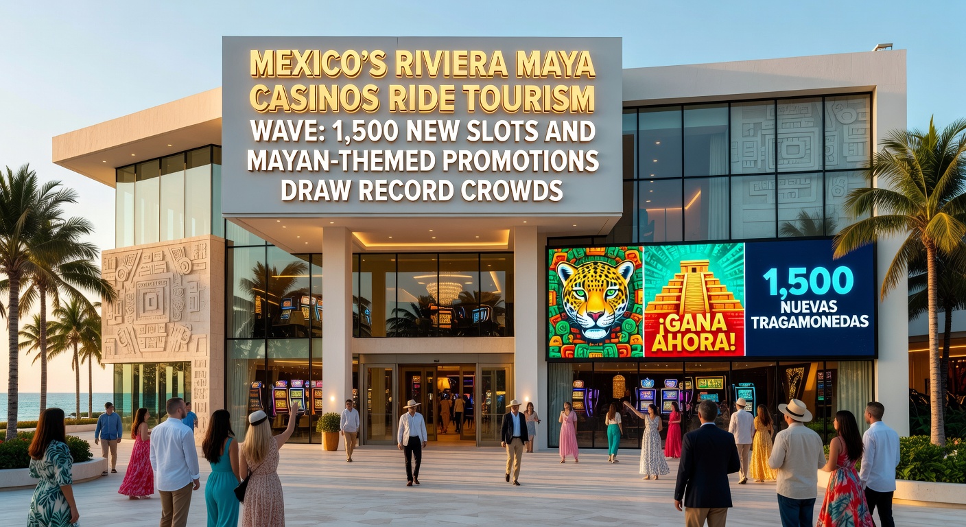 Vibrant casino floor in Riviera Maya packed with colorful slot machines and excited players under Mayan-themed decorations
