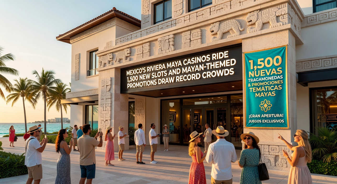 Mayan-themed slot promotion event in Riviera Maya casino with costumed performers, glowing jackpot displays, and crowds celebrating wins