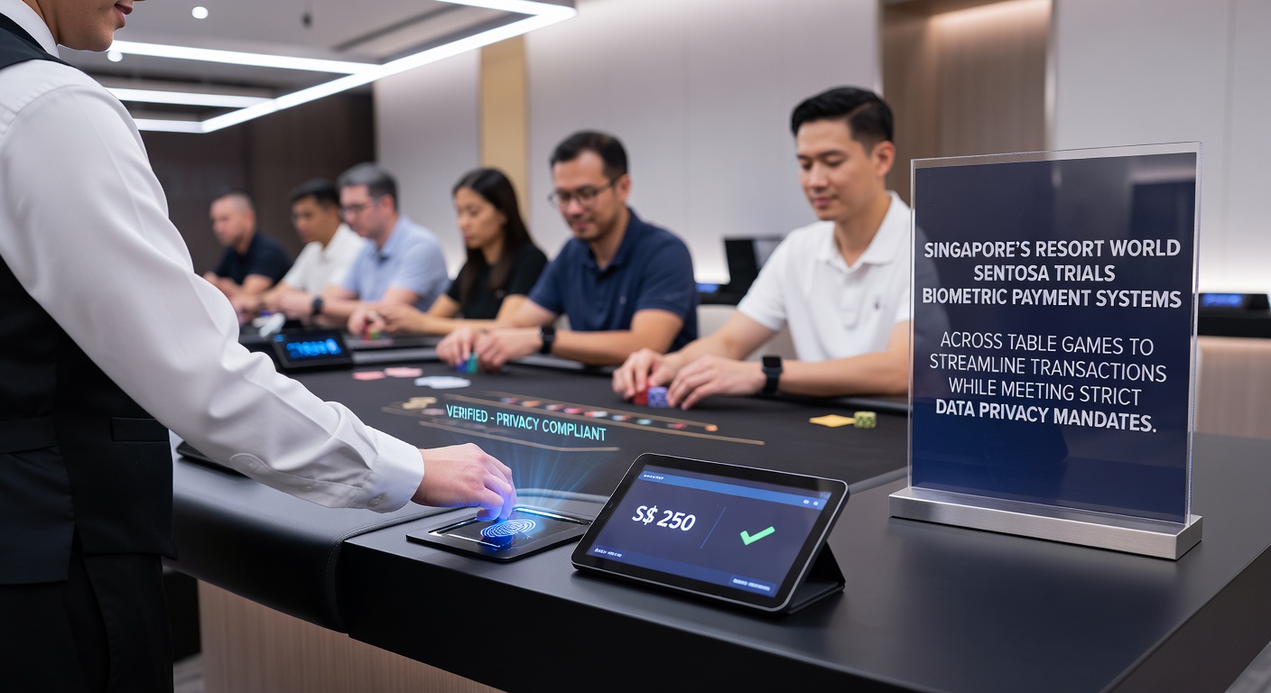 Resort World Sentosa gaming floor with biometric payment terminals at table games