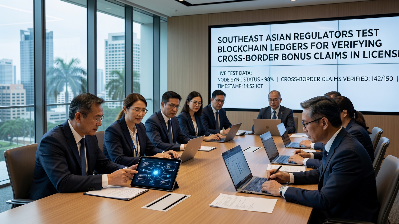 Close-up of blockchain nodes and encrypted transaction records displayed during Southeast Asian regulatory testing sessions