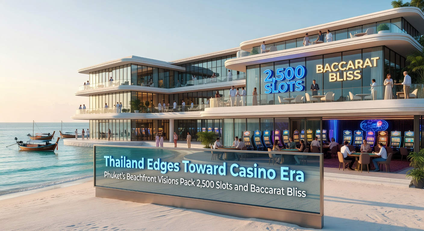 Conceptual rendering of a luxurious Phuket casino interior, showcasing rows of slot machines and elegant baccarat tables against ocean views